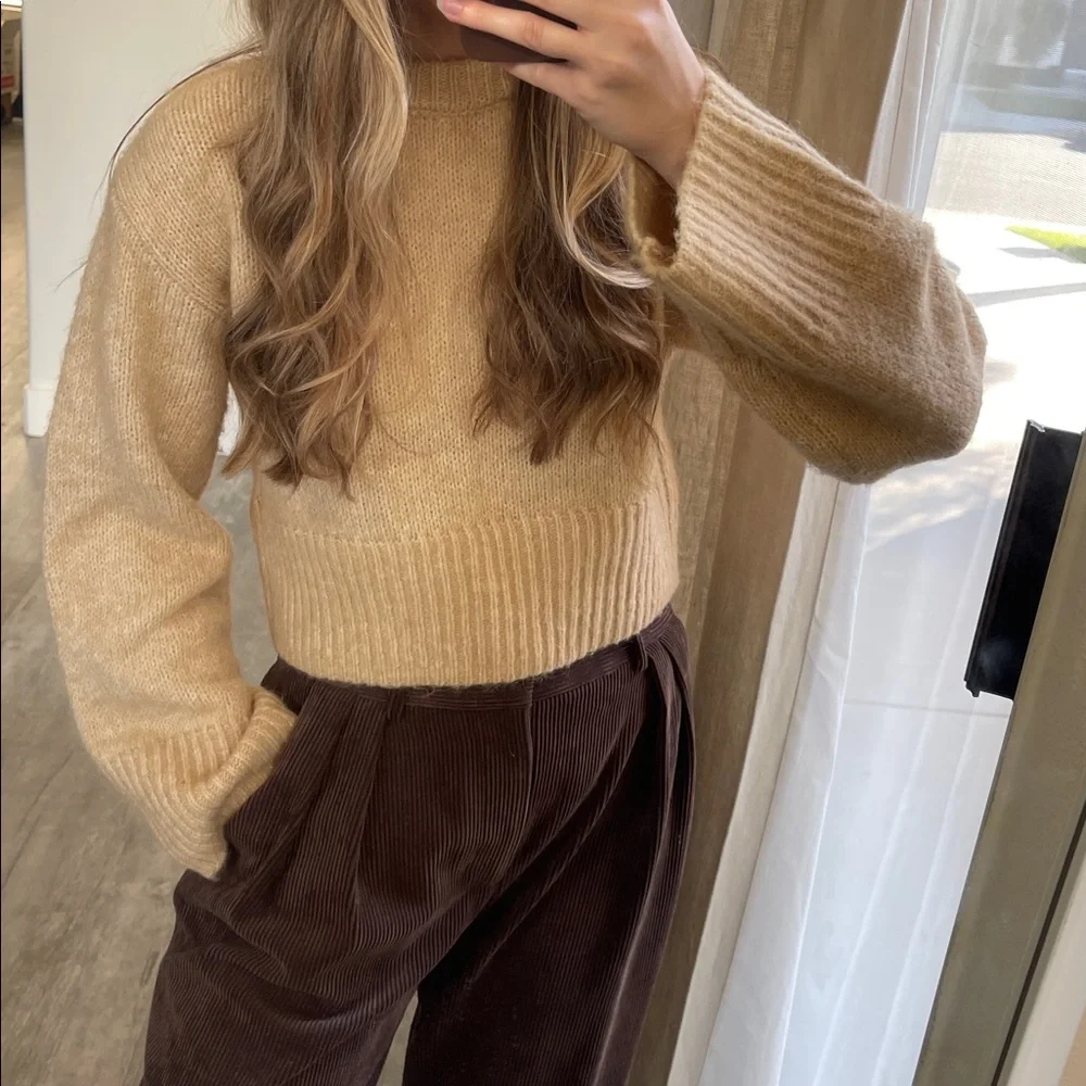 Zara Beige Ribbed Crew Neck Sweater - Picture 1 of 13